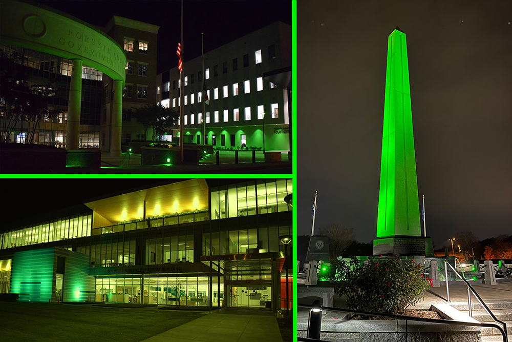 Forsyth County Government Center Lit Green for Operation Greenlight